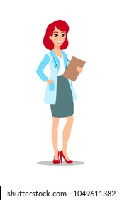 Attractive doctor. Funny character design. Cartoon illustration. Healthcare. Female medic personage.
