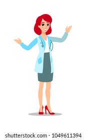 Attractive doctor. Funny character design. Cartoon illustration. Healthcare. Female medic personage.