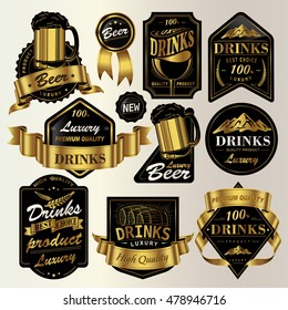 Attractive drinks labels set, glossy black labels with golden frame