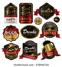 Attractive drinks labels set, glossy black labels with golden and red frame