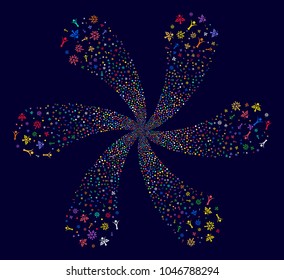 Attractive Eco Man explosion flower shape on a dark background. Psychedelic twirl done from random eco man symbols.