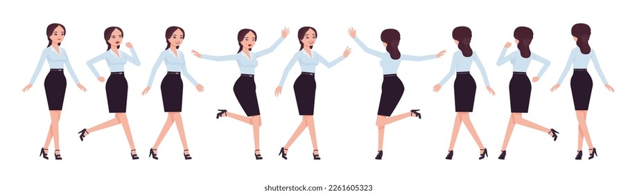 Attractive effective businesswoman set, different walk, run poses. Office girl, female manager in formal pencil skirt for work occasion. Vector flat style cartoon character isolated, white background