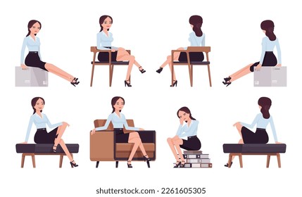 Attractive effective businesswoman set, furniture sitting poses. Office girl, female manager in formal pencil skirt for work occasion. Vector flat style cartoon character isolated, white background