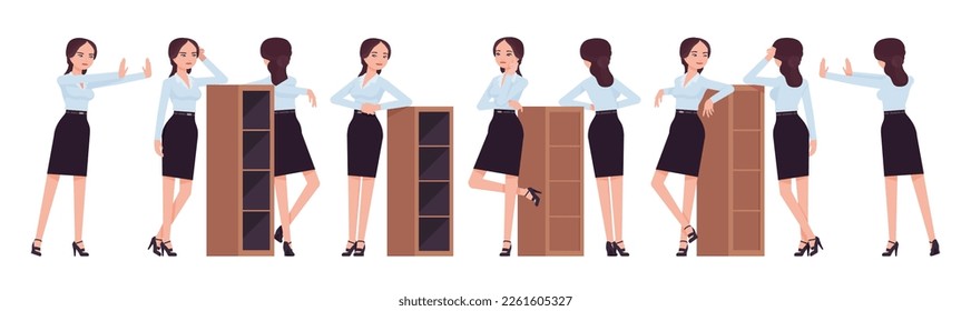 Attractive effective businesswoman set, furniture leaning poses. Office girl, female manager in formal pencil skirt for work occasion. Vector flat style cartoon character isolated, white background