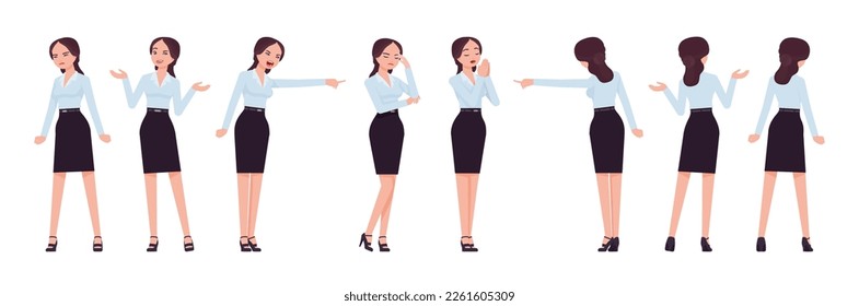 Attractive effective businesswoman set, negative emotions, poses. Office girl, female manager in formal pencil skirt for work occasion. Vector flat style cartoon character isolated, white background