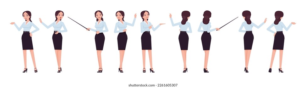 Attractive effective businesswoman set, point and show poses. Office girl, female manager in formal pencil skirt for work occasion. Vector flat style cartoon character isolated, white background