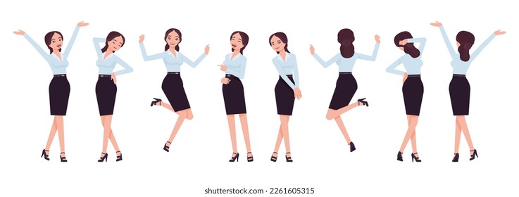 Attractive effective businesswoman set, positive emotions, poses. Office girl, female manager in formal pencil skirt for work occasion. Vector flat style cartoon character isolated, white background