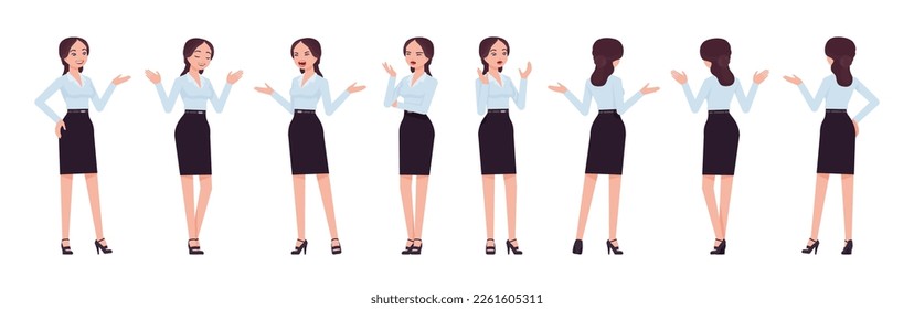 Attractive effective businesswoman set, talk, scream, chat poses. Office girl, female manager in formal pencil skirt for work occasion. Vector flat style cartoon character isolated, white background