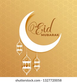 attractive eid mubarak moon and lamps greeting design