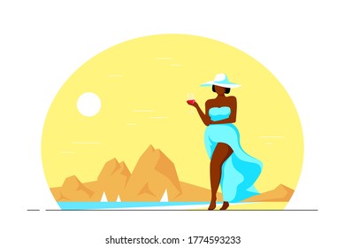 Atractiva mujer afroamericana de tamaño más elegante caminando en la playa con una copa de vino. Positividad corporal, vacaciones de verano, viajes y concepto de turismo. Iluminaciones vectoriales de estilo plano