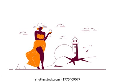 Attractive elegant plus size black african american woman walking at the beach with glass of wine. Body positivity, summer vacation, travel and tourism concept. Flat style line art vector illustration