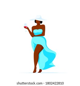 Attraktive elegante und große schwarze Frau wandeln Glas Wein. Körperliche Positivität, Selbstannahme, Sommerurlaub, Reise- und Tourismuskonzept. Flache Vektorgrafik einzeln auf weißem Hintergrund