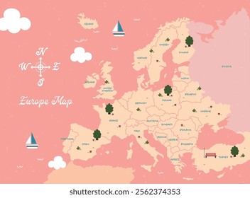 Attractive Europe travel map illustration, all provinces and highlighting the capital city. A detailed print of Europe, suitable for educational or decorative purposes.