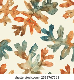 Attractive Fall Oak Eucalyptus Leaf Foliage Watercolor Abstract Scandinavian Design Seamless Pattern Wallpaper Curtain Bedding Beige Background Upholstery Gift Wrapping Paper Vector