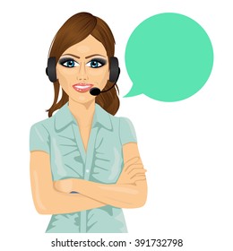 attractive female customer support phone operator with arms folded and speech bubble
