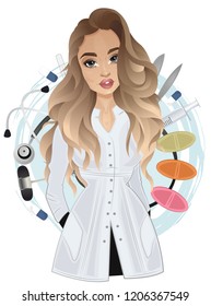 Attractive female doctor in white gown on medical objects background