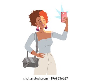 Attractive Female with Freckles and Curly Hair Holding Smartphone Taking Selfie Smiling for Camera Vector Illustration