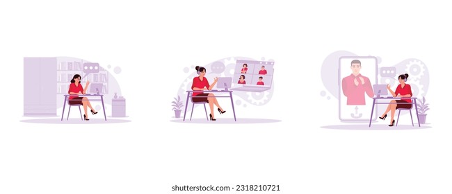 Attractive female student studying in the library. Businesswoman is talking in a virtual conference. View of female students studying online with the teachers. Trend Modern vector flat illustration.