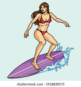 Attractive female surfer standing on surfboard in vintage style isolated vector illustration