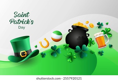 Attractive festive background for Saint Patrick’s Day with leprechauns green hat, pot of money, gold coins, beer and shamrock leaves. Vector illustration template.