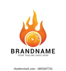 Attractive fire clad speedometer logo. Flame logo with speedometer icon vector template.