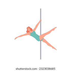 Attractive fitness woman pole dancer character in sportswear hanging on pylon vector illustration