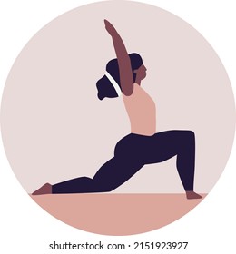 Attractive flexible dark-skinned female doing yoga, standing on floor in warrior 1 pose.Woman exercising yoga vector illustration. Yogis in poses, woman practicing asana texture. Relaxing environment.