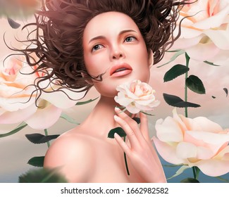 Attractive flowy hair woman with light pink roses around her, 3d illustration