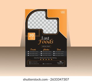 Attractive flyer design for a fast food restaurant, featuring a vibrant orange and black color scheme.