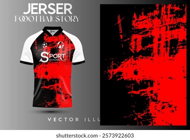 An attractive football shirt design using a red color scheme as the main theme with abstract patterns and some black and white color combinations to create contrast and interest in the shirt.
