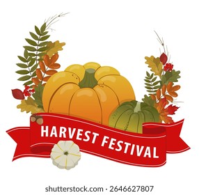 Quadro atraente de folhas, abóbora, bolotas e fita com texto. Banner do festival da colheita, cartaz, cartão postal, modelo do livreto. Ilustração de vetor desenhada à mão