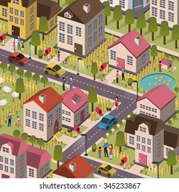 attractive friendly community in 3d flat design