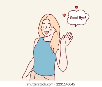 Attractive friendly looking young woman smiling happily, saying Bye. Hand drawn style vector design illustrations.