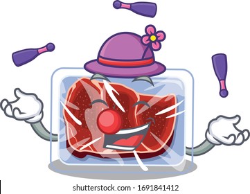 An attractive frozen beef cartoon design style playing juggling