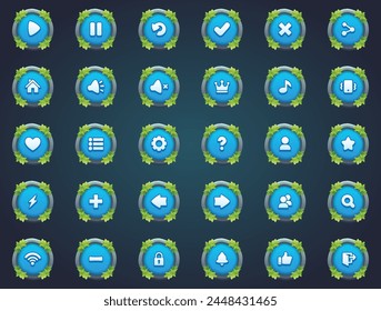 Atractivos Botones de juego Botones de piedra redondos azules en diseños de bordes de hojas únicas en estilo de dibujos animados