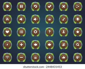 Attractive game buttons brown round stone buttons in unique leaves border designs in cartoon style