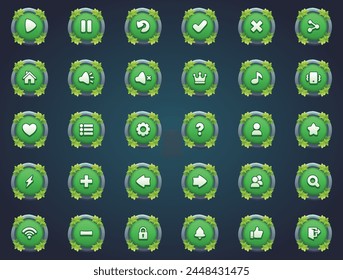 Attractive game buttons green round stone buttons in unique leaves border designs in cartoon style