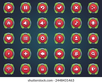 Attractive game buttons red round stone buttons in unique leaves border designs in cartoon style