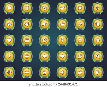 Attractive game buttons yellow round stone buttons in unique leaves border designs in cartoon style