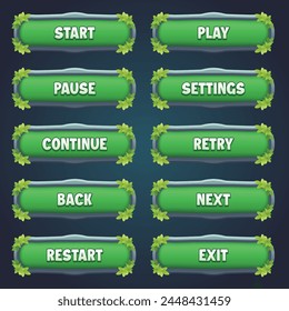 Attractive game green stone buttons with editable text effect in unique leaves border designs