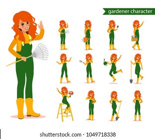 Attractive gardener. Funny character design. Cartoon illustration. Garden care concept creator set. Female groundskeeper personage.