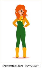 Attractive gardener. Funny character design. Cartoon illustration. Garden care concept creator. Female groundskeeper personage.