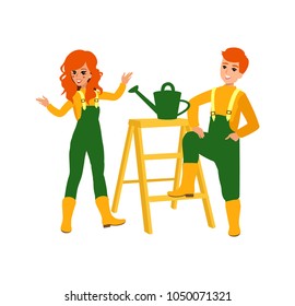 Attractive gardener. Funny character design. Cartoon illustration. Garden care concept creator. groundskeepers personage.