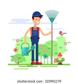 Attractive gardener man standing in garden in coverall with rake and watering can. Modern male character - young farmer friendly smiling. Stock vector illustration in flat design.