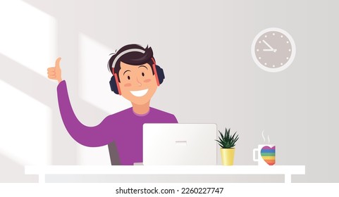 Attractive gay working on laptop. Inclusion and staff diversity at work. Workplace equality. Vector illustration.