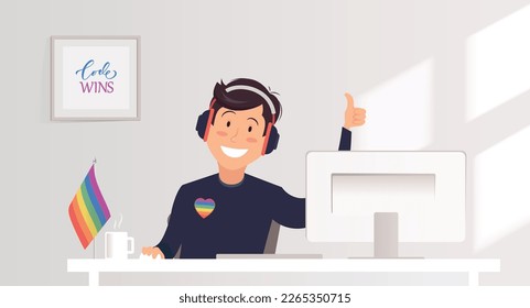 Atractivo gay trabajando en laptop. Inclusión y diversidad de personal en el trabajo. Igualdad en el lugar de trabajo. Ilustración vectorial.