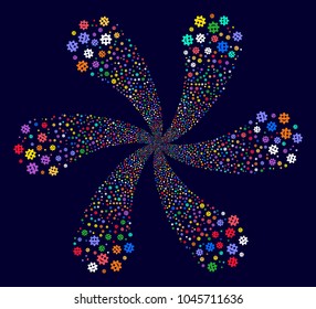 Attractive Gear Smile Smiley curl burst on a dark background. Hypnotic burst organized from random gear smile smiley objects.