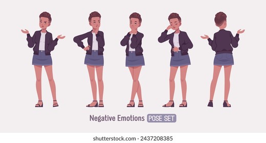 Attractive girl bad emotion poses, young urban fashion woman wearing nice short high waist denim skirt, cute streetwear bomber jacket, casual summer sandals, female fade haircut. Vector illustration