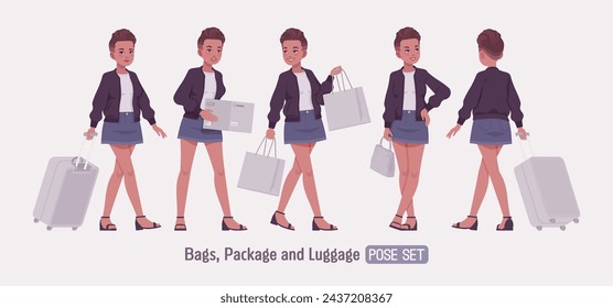 Attractive girl bag, luggage, suitcase pose, urban fashion woman wearing short high waist denim skirt, cute streetwear bomber jacket, casual summer sandals, female fade haircut. Vector illustration