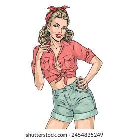 Atractiva chica colorida pin-up pegatina con la belleza en pantalones cortos y camisa posando en estilo de la cultura pop americana Ilustración vectorial